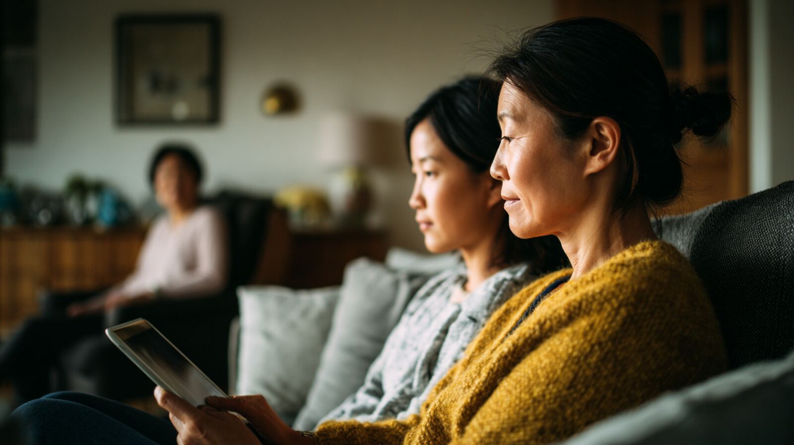 Two adult siblings sitting side by side on a couch looking at a tablet together, with their mother in the background.