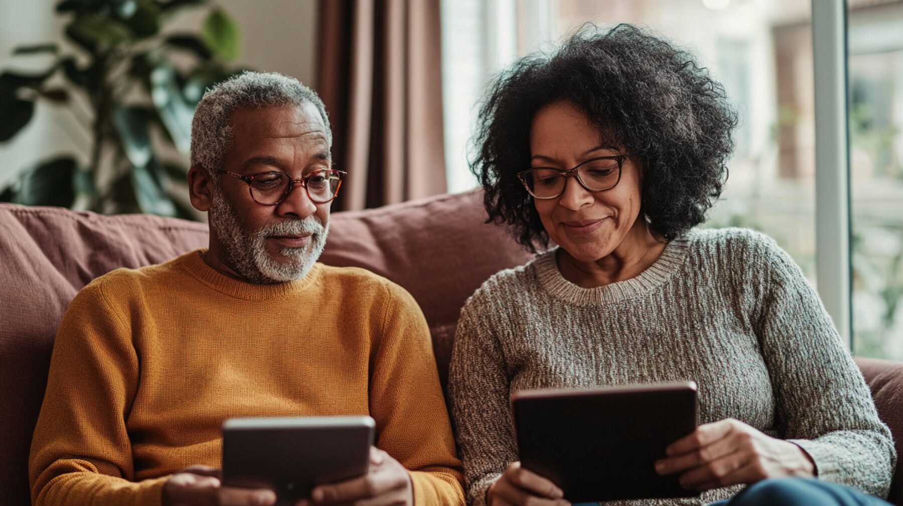 An older couple sitting on a couch together, looking at a phone and tablet in warm afternoon light.